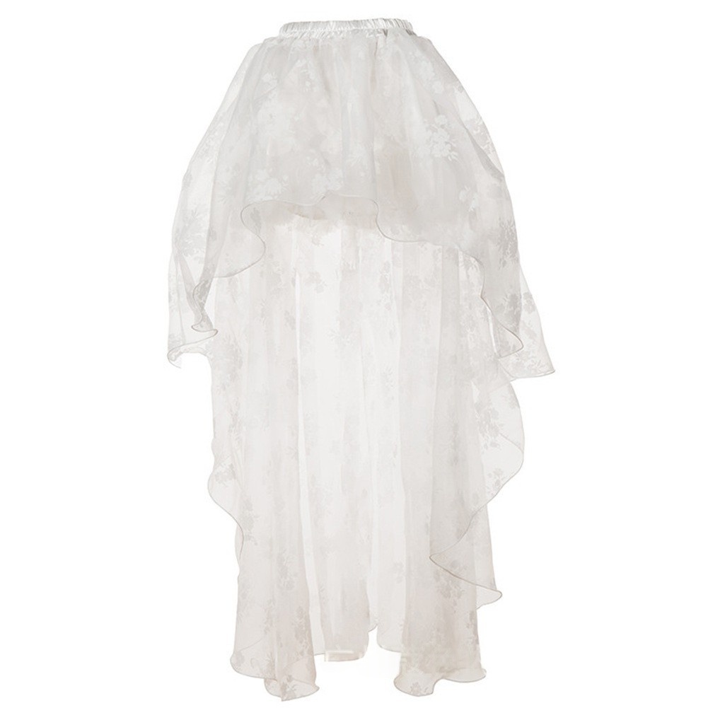 Victorian Gothic High Low Skirt With Black Floral Lace And Layered Mesh Design